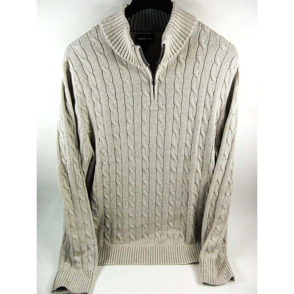 Lands End Sweater 1/4 Zip Mens Size XL Tan Pullover Cotton Long Sleeve